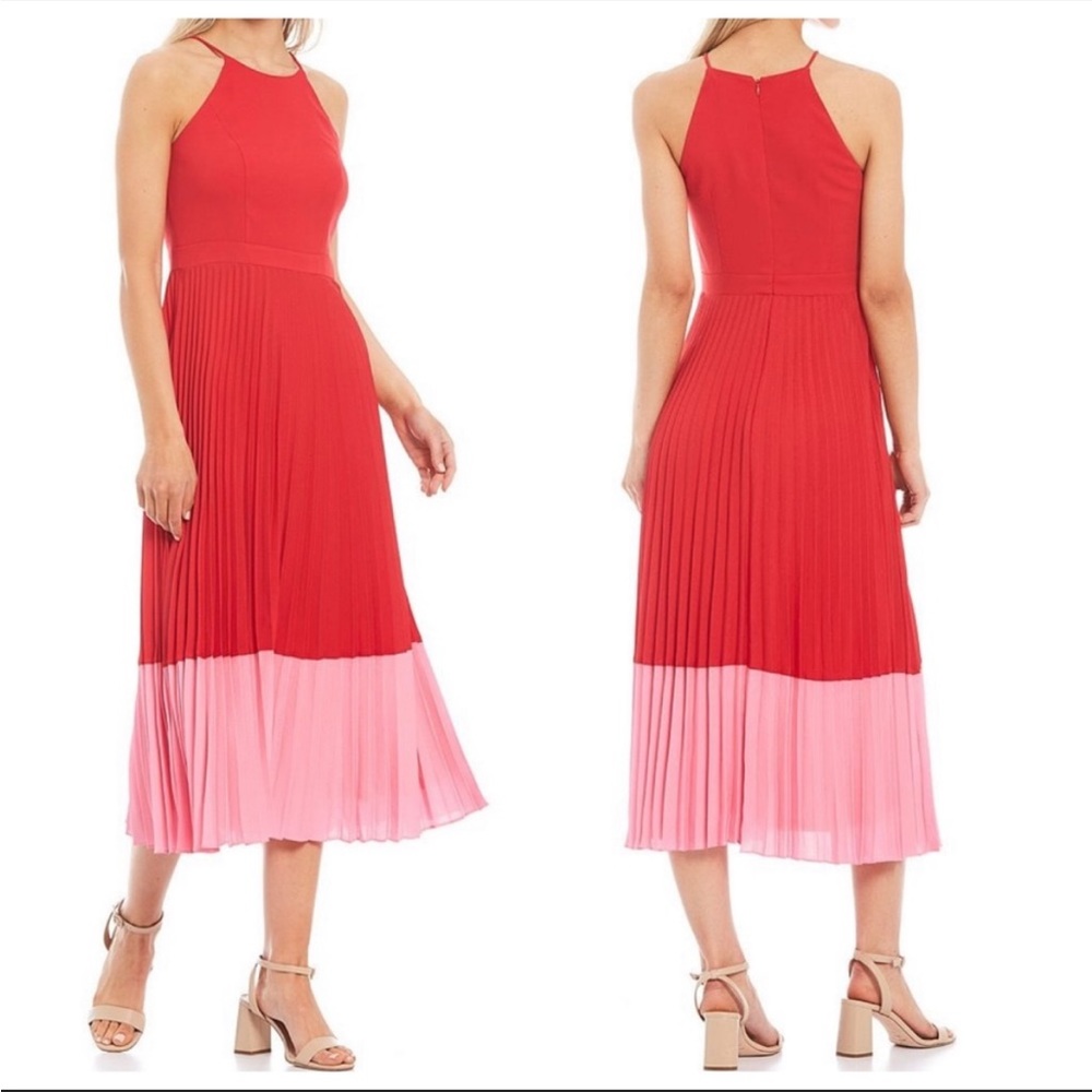 Aidan Mattox, red and pink block midi, 10